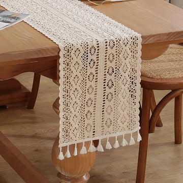 Qfdian Crochet Lace Table Runner Boho Cotton Tassels Vintage Farmhouse Woven Kitchen Table Decorations for Weddings Bridal Shower Party